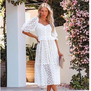 Vici White Mesh Puff Sleeve Midi dress